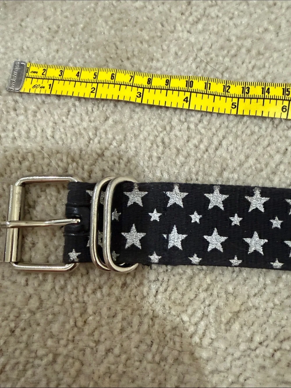 WomensBlack Star-Print sparkle Canvas Belt with Silver Buckle